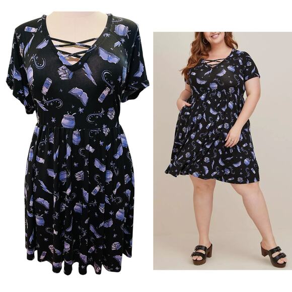 Torrid Harry Potter Spells Print Strappy Super Soft Punk Goth Babydoll Dress 3X - Picture 1 of 4